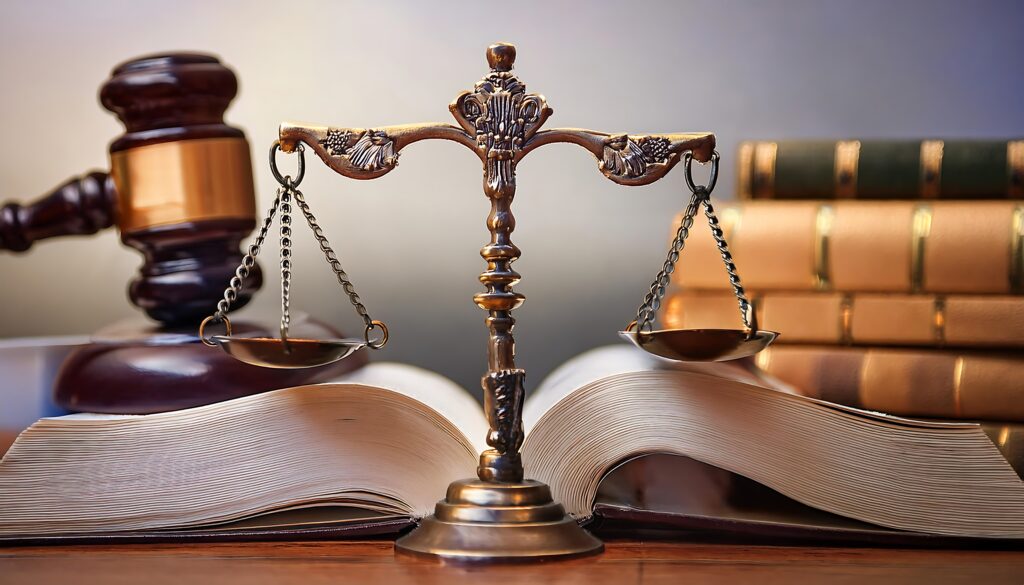 As balanças da justiça equilibram elementos legais como martelo, livros e ampulheta, em contraste com diploma, arquivos, simbolizando os estudos e a prática do direito.
