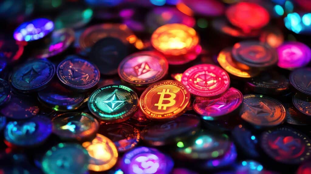 Uma pilha de diversos tokens de criptomoedas, cada um brilhando suavemente com cores diferentes.