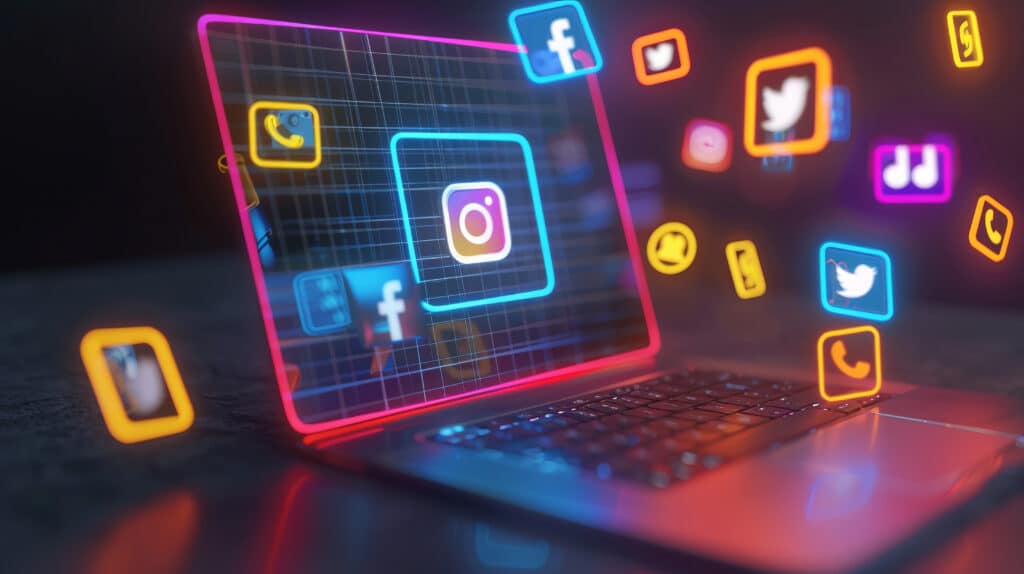 Um notebook com a tela aberta e vários ícones de redes sociais ao redor.